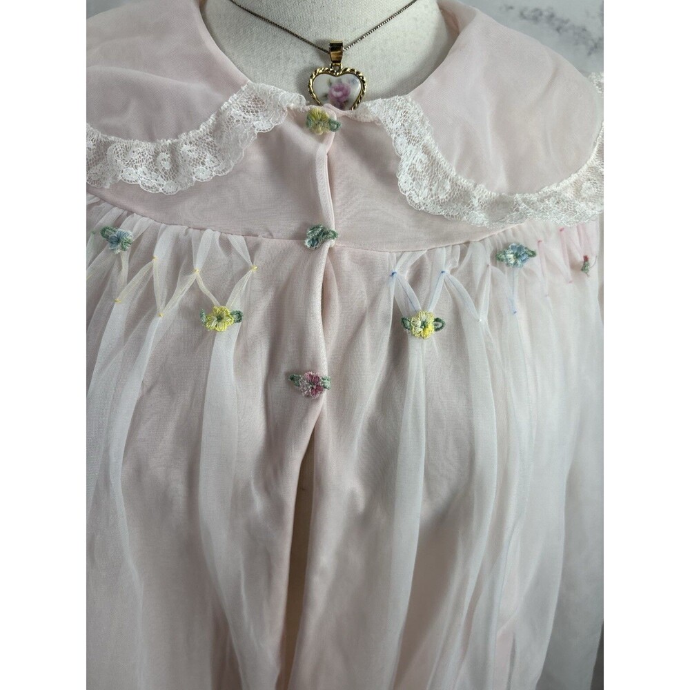 Vintage 60s Dainty Chiffon Bed Jacket Flower Pink pastel Cottage Soft Girl MCM M - Picture 15 of 16